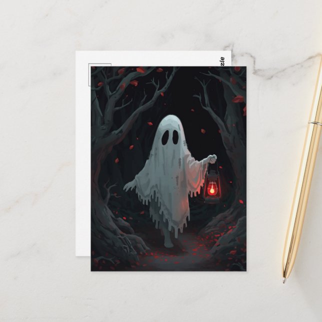 Cartão Postal Um fantasma branco segurando uma lanterna vermelha (Frente/Verso In Situ)