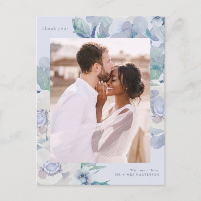 Cartão Postal Um Foto Simples Floral Azul - Um Casamento Obrigad (Frente)
