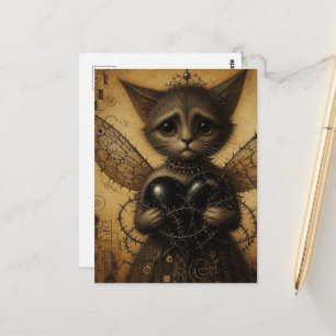 Cartão Postal Um gatinho triste com um coração barbado preto que