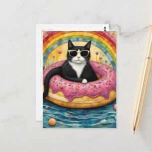 Cartão Postal Um Gato de Férias em uma Rosquinha Flutuante
