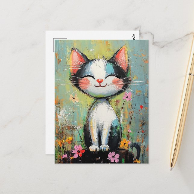 Cartão Postal Um gato e Flores adoráveis (Frente/Verso In Situ)