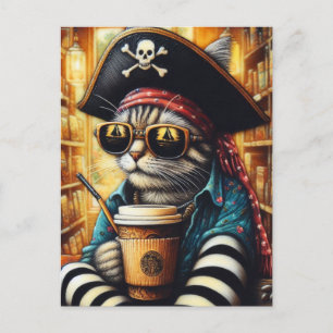 Cartão Postal Um Gato Pirata Adorável Com Café