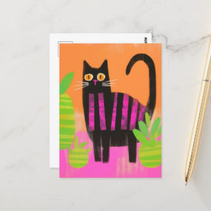Cartão Postal Um Gato Preto Com Bandas Rosa e Plantas Domésticas