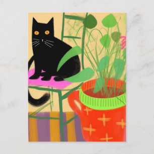 Cartão Postal Um Gato Preto Com Plantas Domésticas