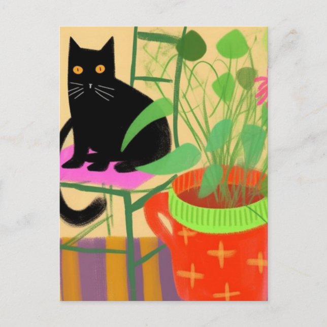 Cartão Postal Um Gato Preto Com Plantas Domésticas (Frente)