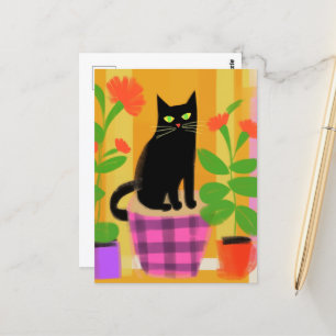 Cartão Postal Um Gato Preto Com Sede Púrpura Rosa
