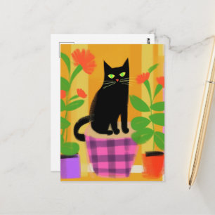 Cartão Postal Um Gato Preto Fofo Com Plantas