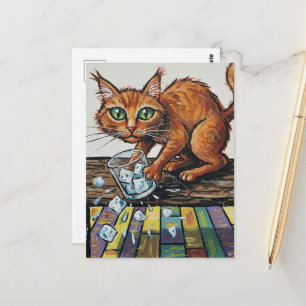 Cartão Postal Um gato ruivo derruba um copo de gelo