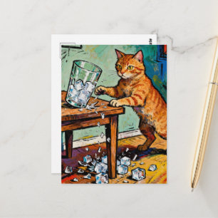 Cartão Postal Um gato ruivo fofo derruba um copo de gelo