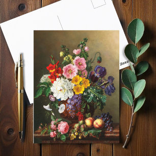 Cartão Postal Um Grande Buquê de Flores com Pêssegos e Uvas