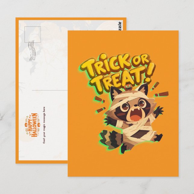 Cartão Postal Um guaxinim bonitinho na fantasia da múmia com Tru (Frente/Verso)