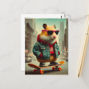 Cartão Postal Um hamster punk praticando skate no estilo retrô n