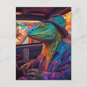 Cartão Postal Um lagarto psicodélico num veículo