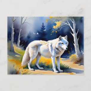 Cartão Postal Um lobo numa pintura de aquarela florestal