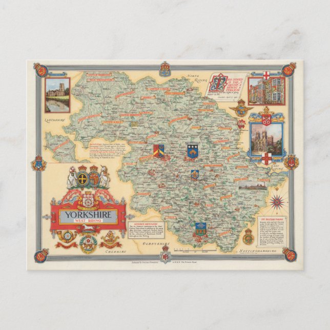 Cartão Postal Um mapa de Yorkshire: West Riding (Frente)