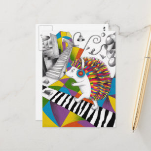 Cartão Postal Um ouriço colorido surrealista ouve música