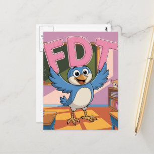 Cartão Postal Um pássaro com letras FDT em sala de aula