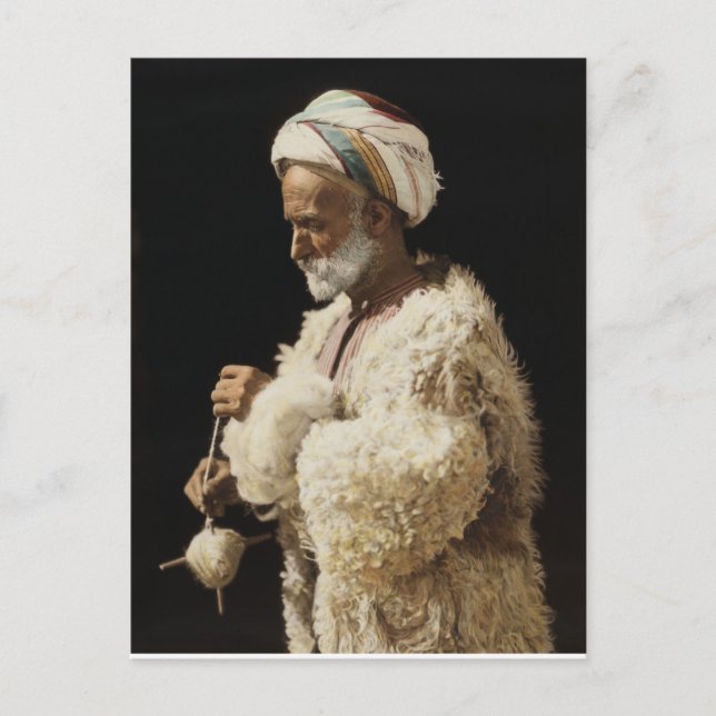 Cartão Postal Um pastor da terra sagrada girando lã (Frente)