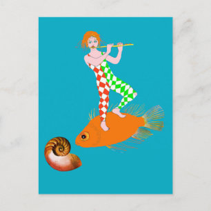 Cartão Postal Um personagem de palhaço Arlequim tocando uma flau