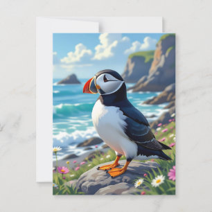 Cartão Postal Um Puffin Fofo na Costa Marítima
