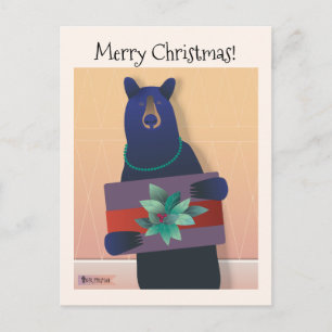 Cartão Postal 💕Um urso usando um colar segura um presente de fe