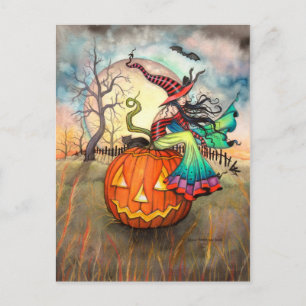 Cartão Postal Uma Arte de Bruxa de Halloween com uma Abóbora Gig