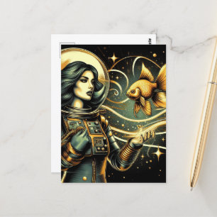 Cartão Postal Uma astronauta feminina e um goldfish Scifi