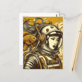 Cartão Postal Uma astronauta feminina e um peixinho dourado