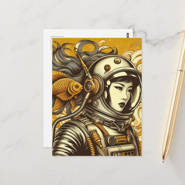 Cartão Postal Uma astronauta feminina e um peixinho dourado (Frente/Verso In Situ)