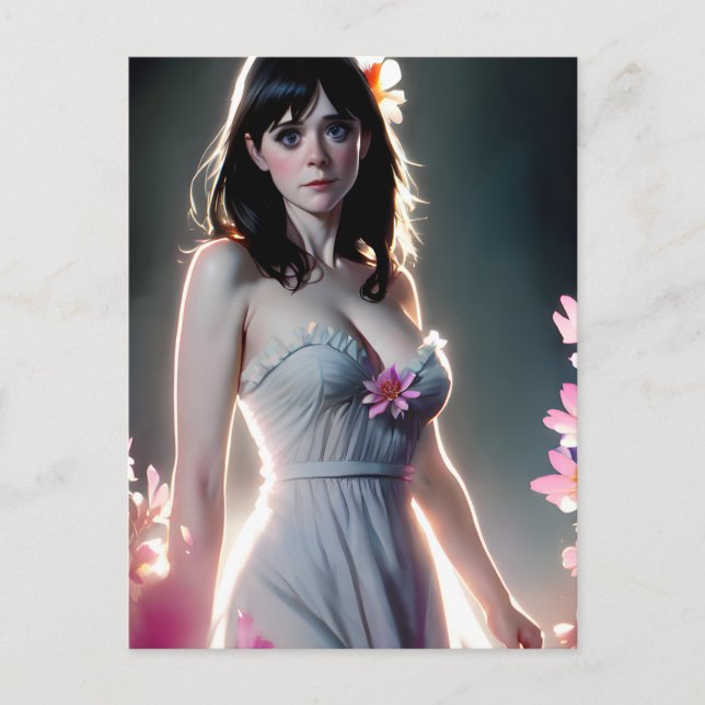 Cartão Postal Uma bela mulher com flores rosas longas e pretas (Frente)