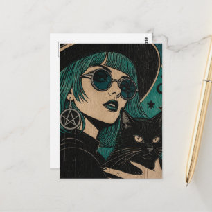 Cartão Postal Uma bruxa com seu gato preto Xilogravura