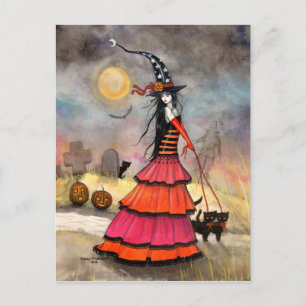 Cartão Postal Uma bruxa de bruxas de Halloween e arte de gatos p