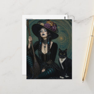 Cartão Postal Uma bruxa deslumbrante e seu gato preto e branco