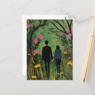 Cartão Postal Uma caminhada Casal nas florestas e flores