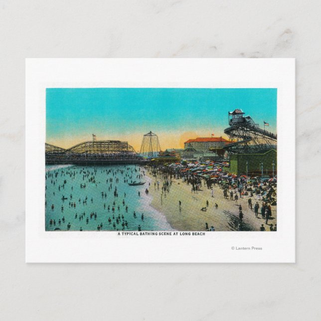 Cartão Postal Uma cena típica de banho em Long Beach (Frente)