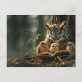 Cartão Postal Uma coruja lendo um livro para pequenos pintinhos