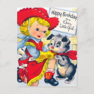 Cartão Postal Uma Cowgirl e um Aniversário Puppy