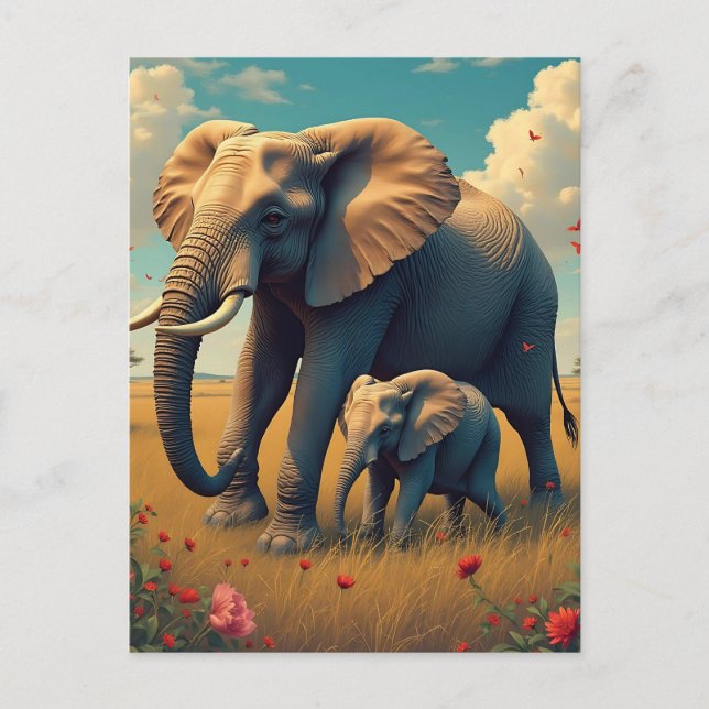 Cartão Postal Uma doce mãe sentimental e elefante bebê (Frente)
