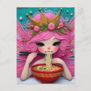 Cartão Postal Uma Fada Com Ramen Comendo Cabelo Rosa