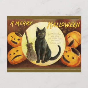 Cartão Postal Uma Feliz Halloween en Black Cat Pumpkins Vintage