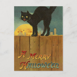 Cartão Postal Uma Feliz Hallowe'en Spooky Black Cat Vintage Art
