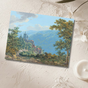 Cartão Postal Uma fortaleza numa paisagem de montanha no nascer