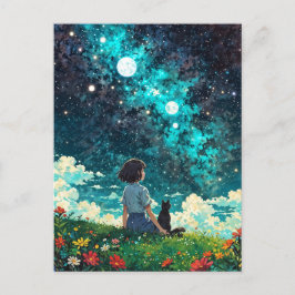 Cartão Postal uma garota e seu gato sentam juntos em um campo de