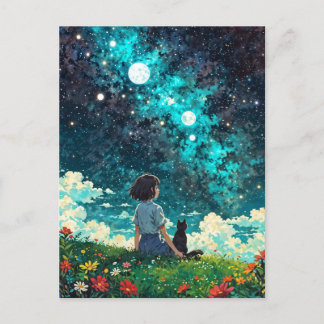 Cartão Postal uma garota e seu gato sentam juntos em um campo de