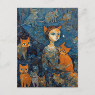 Cartão Postal Uma Gata Na Cidade À Noite Com Seus Gatos