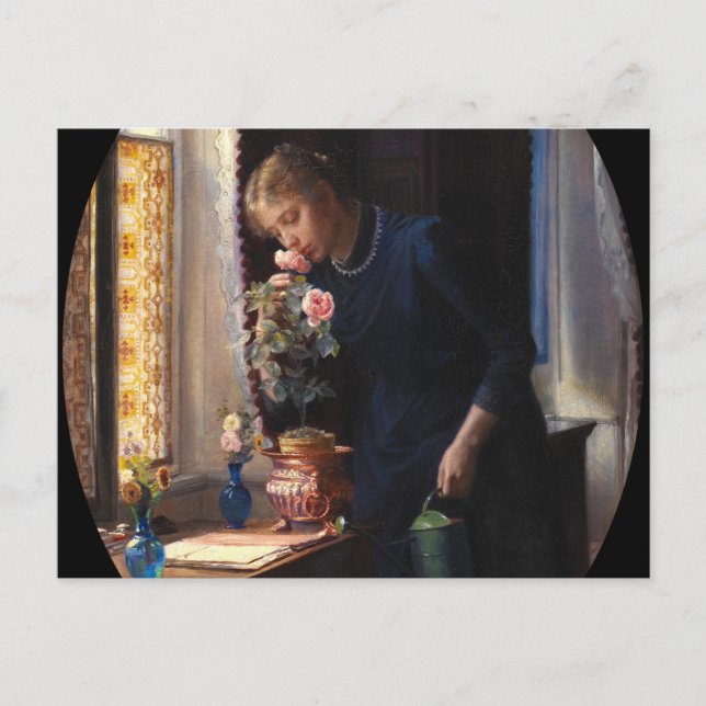 Cartão Postal Uma jovem menina cheirando uma Rosa por Carl Bloch (Frente)