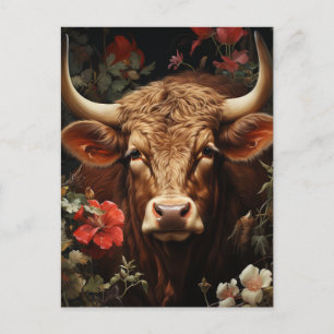 Cartão Postal Uma Linda Vaca Marrom nas Flores