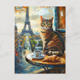 Cartão Postal Uma Manhã em Paris Gato Malhado em um Café