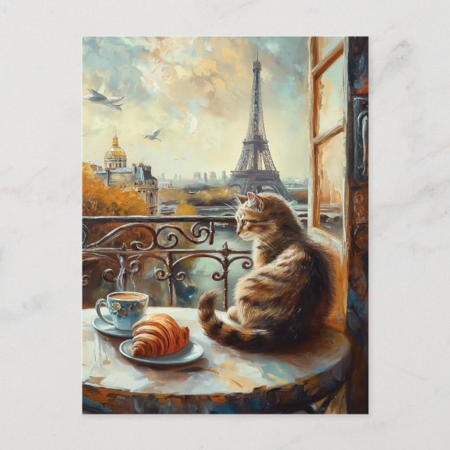 Cartão Postal Uma manhã em Paris | Ginger Cat em um café (Frente)