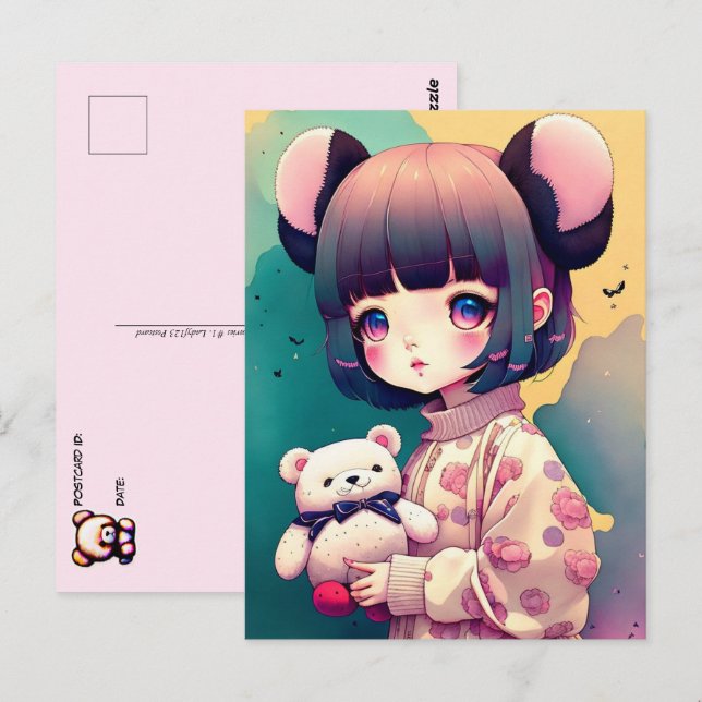 Cartão Postal Uma Menina de Anime com Urso de Teddy, Passando (Frente/Verso)